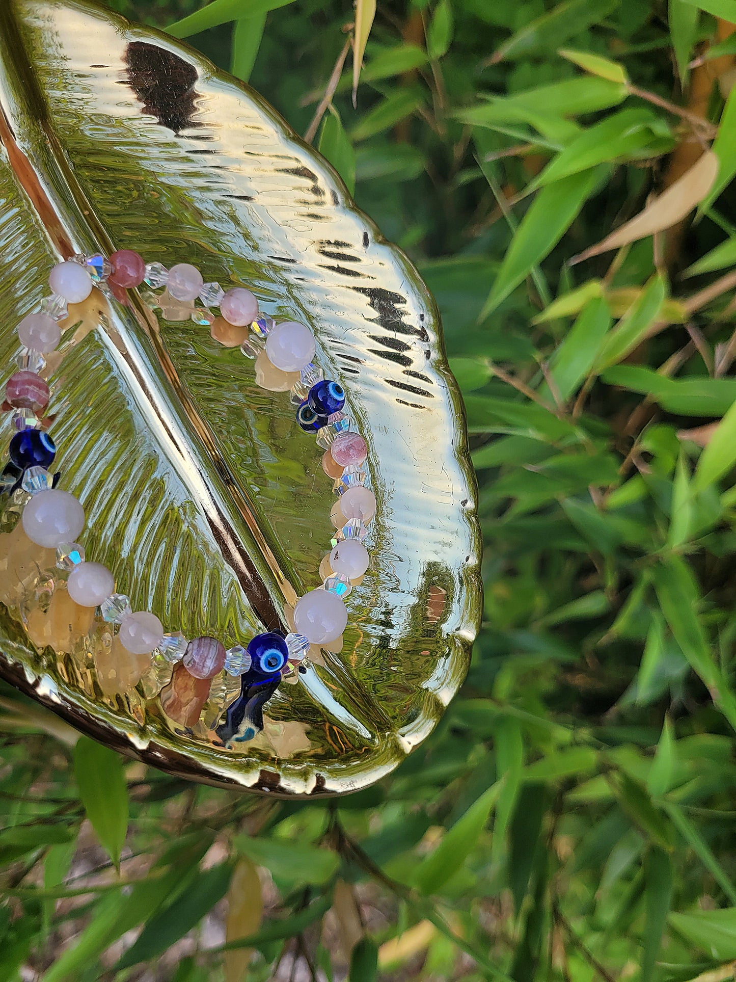 RHODOCHROSITE, PINK OPAL, ROSE QUARTZ & EVIL EYE BRACELET- JEMZI LONDON