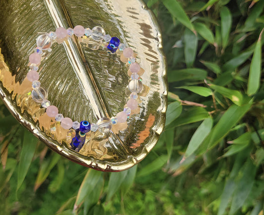 ROSE QUARTZ, CLEAR QUARTZ & EVIL EYE BRACELET- JEMZI LONDON