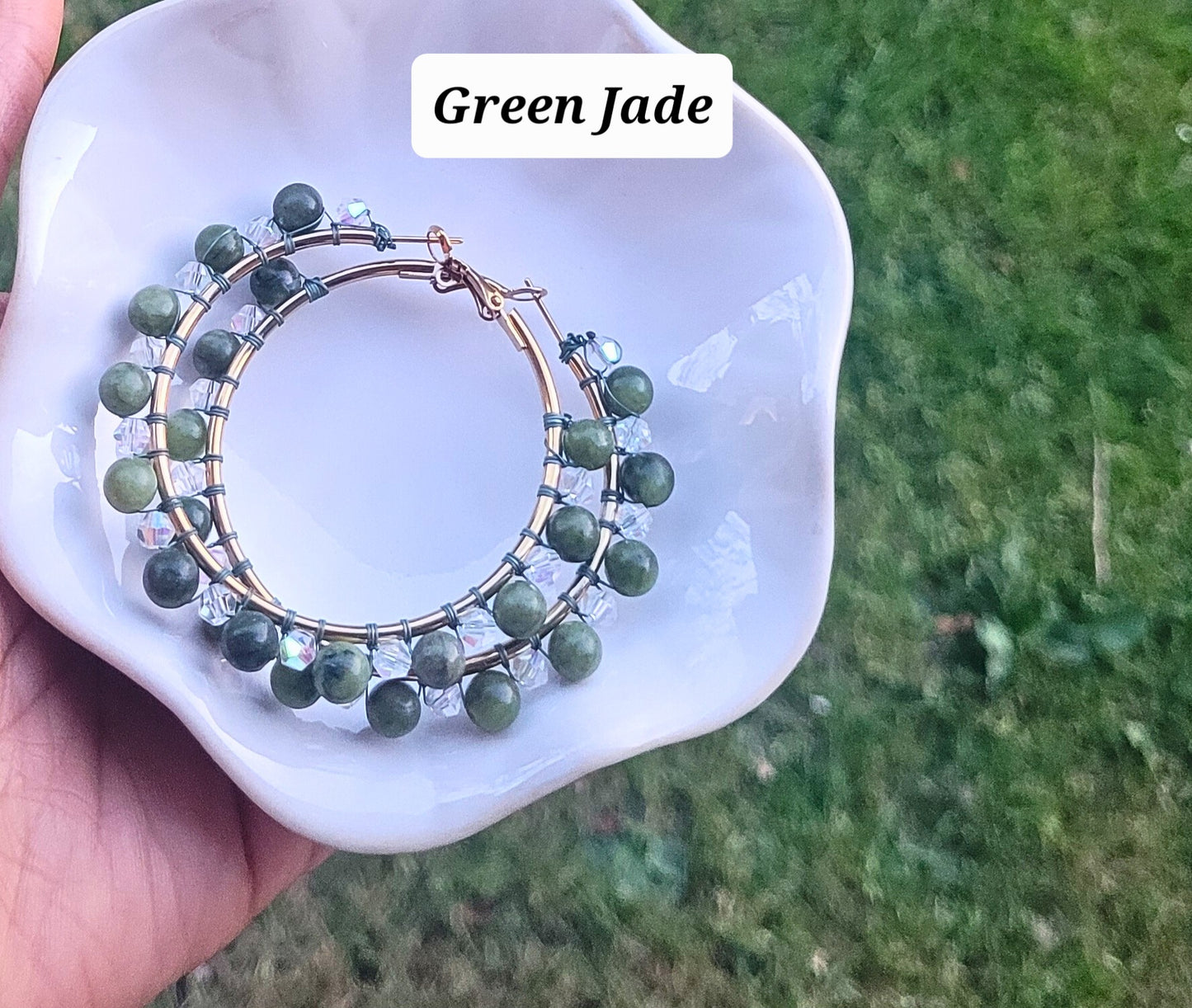 GREEN JADE CRYSTAL HOOPS, GOLD - JEMZI LONDON